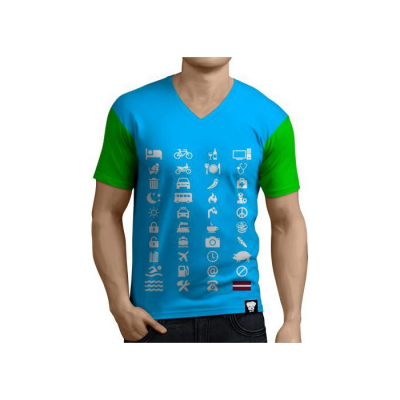 T-krekls vīriešiem ar V veida apkakli, zils, zaļš ar baltām ikonām