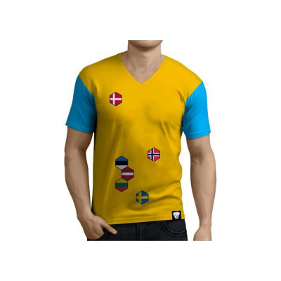 T-krekls vīriešiem ar V veida apkakli,  dzeltens ar zilu